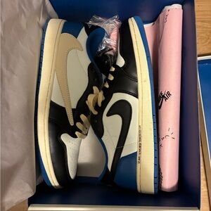 Nike Air Jordan 1 Low Black White Blue with Cream Swoosh